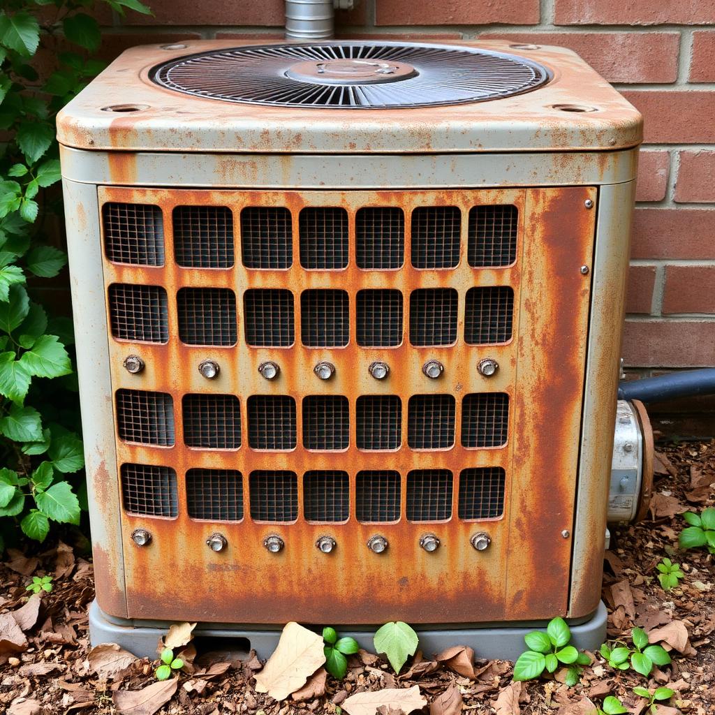 Rusted, neglected outdoor AC condenser unit before service